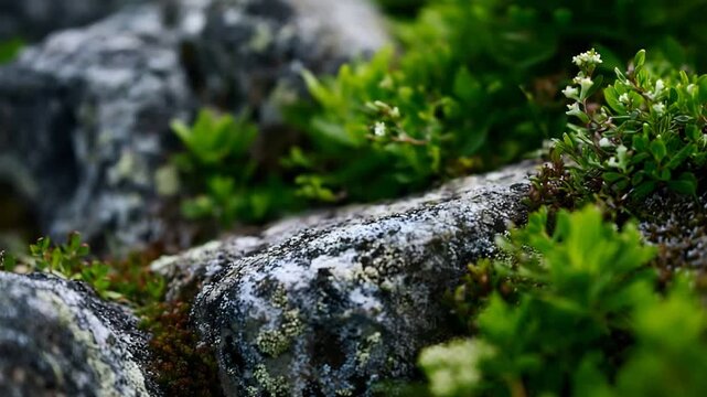 Natures resilience Tiny white flowers and green foliage flourishing on weathered rock formations.