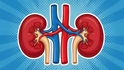 Anatomical illustration depicting human kidneys blood vessels and ureters against a blue burst backdrop