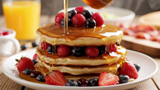 Pouring maple syrup on a stack of pancakes with fresh berries. Hot breakfast food with steam rising. Delicious morning meal concept