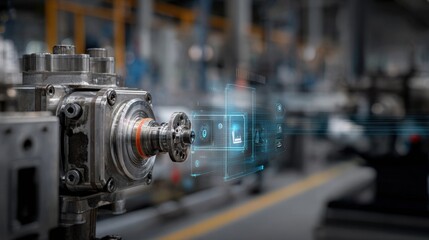 Medium shot of AIpowered monitoring system analyzing intricate machinery components with blurred factory background highlighting early fault detection technology.