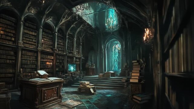 Dramatic library interior with books and detailed architecture