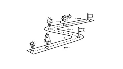 Startup Journey Roadmap with Rocket, Ideas, Gears, and Flags