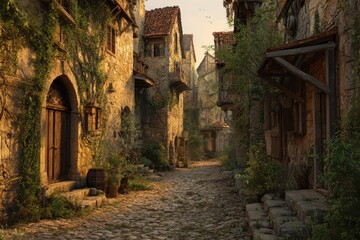 Fototapeta premium Enchanting Lane in a Timeless Village: A Fantasy Matte Painting of a Stone Alleyway in an Old-world Town