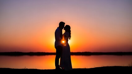 A beautiful silhouette of a young couple embracing and kissing during a golden sunset at the beach. Emotional and peaceful atmosphere with warm orange and purple sky tones.