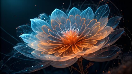 Vibrant glowing flower with translucent petals in dark background
