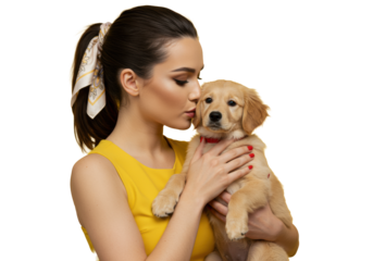 Young caucasian woman in yellow top with sleek ponytail tenderly kissing an adorable 8-week-old golden retriever puppy in a brightly lit studio, vivid yellow background with bokeh, pet companionship