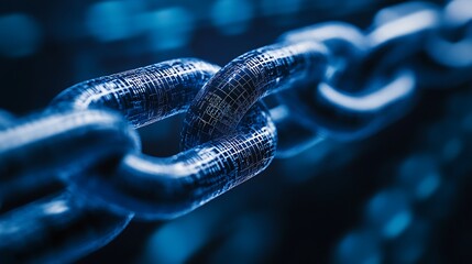 Close up of a strong metallic chain with a blurred dark background