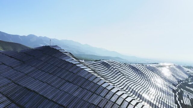 aerial video of the spectacular new energy landscape, with morning sunlight shining brightly on solar panels