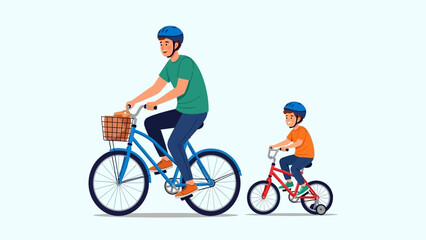 Fototapeta premium A father and son riding bicycles together in a fun outdoor activity