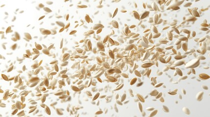 Abundant Group of Whole Grain Seeds Flying and Falling Over White Surface in Motion