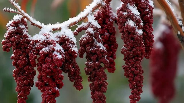 Vibrant Red Sumac Berries Dusted with Fresh White Snow in a Winter Wonderland.