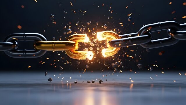 Metal chain breaking with sparks and fire. Freedom and liberation concept. Heavy iron link shattering under pressure for breakthrough and overcoming obstacles metaphor