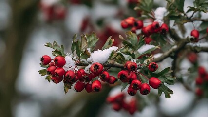 Vibrant red berries on a branch blanketed with fresh white snow in a winter garden.