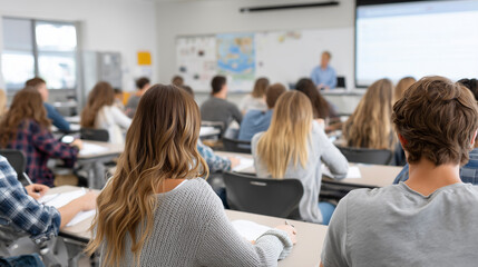A group of students sit in a classroom with their backs to us and look at the teacher at the school board. Learning education concept background