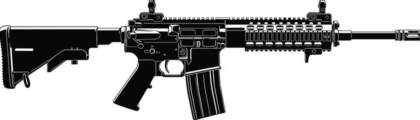 Black and white tactical assault rifle silhouette, modern automatic carbine firearm illustration for military theme, shooting sports, and defense concepts. © Itz Majbahuil Here