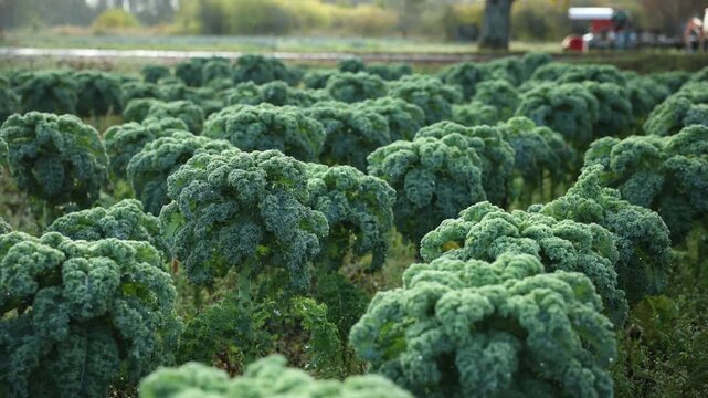 Rows of mature curly kale with droplets, tractor, equipment, and tree line in a rural temperate farm during a late autumn morning. Close framing, shallow depth of field.