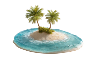 A small isolated tropical island featuring two palm trees and surrounding blue water