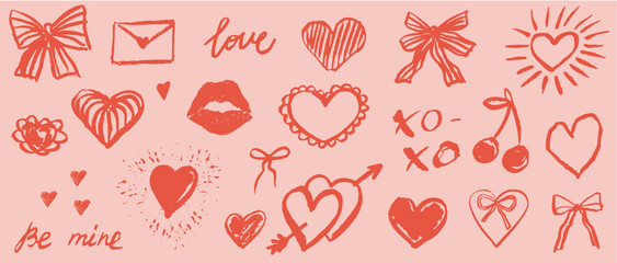 Cute valentines day or wedding element set. Whimsical bows, ribbons and hearts bundle. Vintage hand drawn line art vector illustrations for card invitation, scrapbooking, packaging and sticker prints.