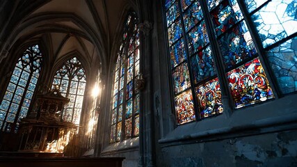 Stained glass window light shifting in cathedral - Powered by Adobe