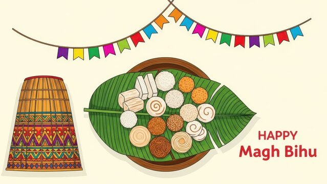 Assamese Magh Bihu Festival Illustration Featuring Traditional Pitha Sweets and Japi Hat