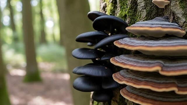 shelf fungi on tree trunk in forest bracket mushrooms closeup