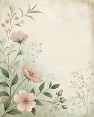Light pastel vintage floral background, subtle hand-painted flowers, pale blush and sage green colors, faded paper texture, minimal composition, attractive yet decent