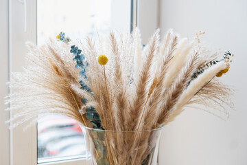 Fluffy pampas grass bouquet with dried botanicals arranged in clear vase on bright windowsill, modern home decor, lifestyle blog visuals, and interior design studio marketing