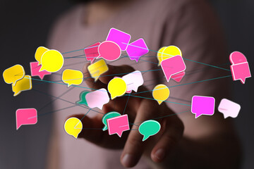 Abstract visual representation of digital communication, networking, and online conversation with speech bubble