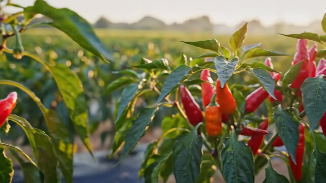Red chili peppers growing in a field at sunset. Close-up of ripe hot spicy vegetables on a plant in a garden. Organic farming and harvest concept