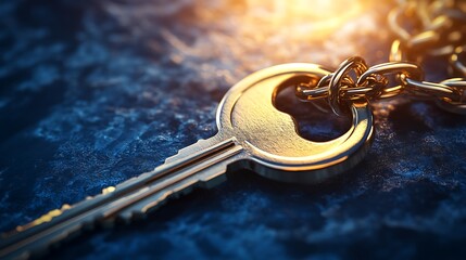 Close up of golden key on chain with blurred background and warm lighting