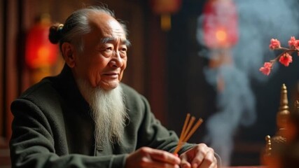 Elderly Man Performing Qingming Festival Incense Ritual