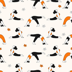 Obraz premium Seamless Yoga Fitness Doodle Pattern. Girl Sportswoman Doing Stretching, Pilates Poses on light Background with Flowers. Hand-Drawn With Orange Color Accent. Vector Illustration. Not AI