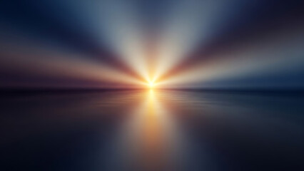Radiant golden light rays burst reflecting on tranquil dark water, abstract hopeful serene background design
