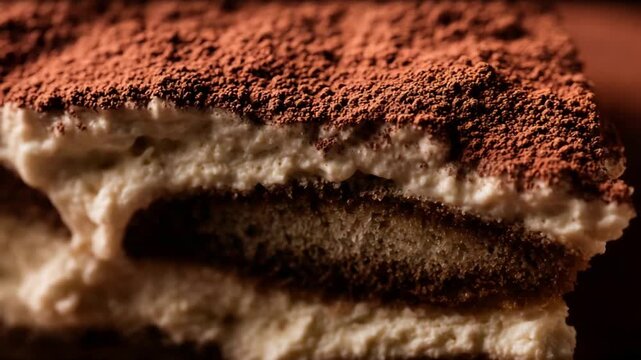 Decadent tiramisu dessert close up showing creamy mascarpone and chocolate dusted top.