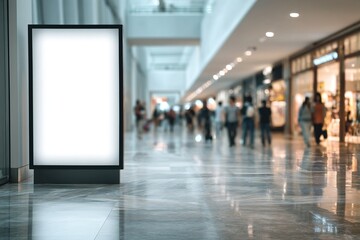 Vertical lightbox advertisement mockup inside a bright modern shopping mall corridor