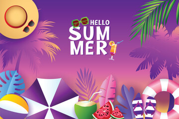Colorful summer banner with tropical leaves, beach accessories, cocktails, fruits, and &ldquo;Hello Summer&rdquo; text on a vibrant purple gradient background, perfect for seasonal designs.