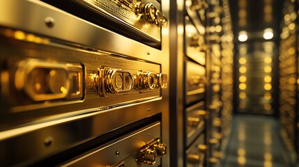 Close up of golden safe deposit boxes in a bank vault