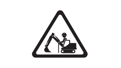Warning road work scene with construction worker operating machinery and road maintenance on a signaled site.