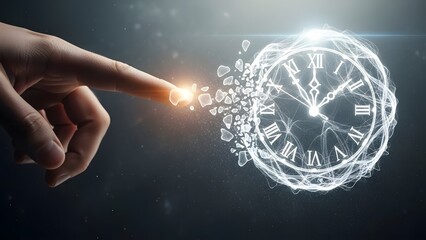 Human finger touching a shattering digital clock face made of light. Time management and aging concept. Person breaking a glowing roman numeral watch into shards with their hand