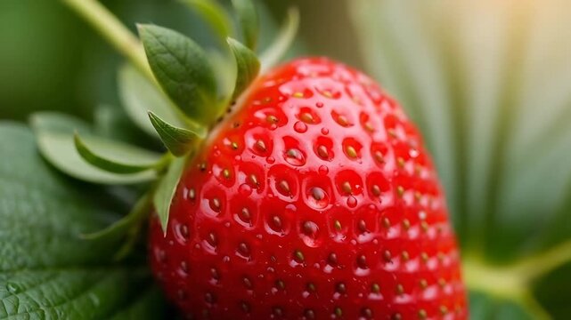 strawberry close-up macro fruit red ripe berry with green leaves