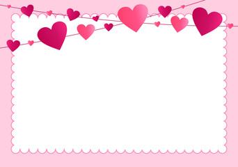 Pink background for valentines day with garland of hearts and abstract circles white frame