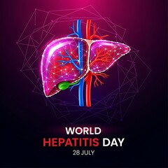 An anatomical illustration of a human liver on a dark background promotes world hepatitis day awareness