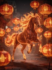 A majestic, fiery horse runs dynamically through a bustling, dark street illuminated by glowing red Chinese New Year lanterns displaying traditional characters
