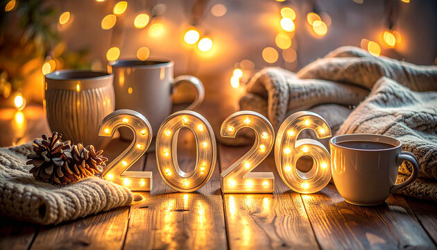 New Year 2026 Celebration: The anticipation of 2026 dawns with a warm and inviting scene, a cozy ambiance perfect for celebrating the start of a new chapter.