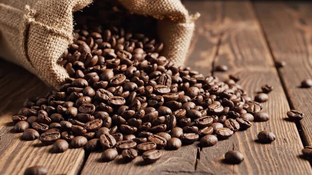 Coffee beans spilling out of burlap sack onto wooden surface. Concept of natural coffee production, gourmet brewing, or artisanal coffee culture. Useful for coffee shop marketing and food blogs.