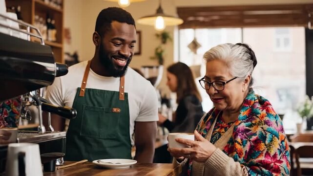 Barista serving coffee to elderly woman at caf&eacute;. Interaction highlights the warmth and community of local coffee shops, ideal for social connection and lifestyle themes.
