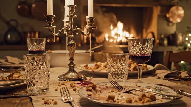 Elegant dinner table set with crystal glasses and plates filled with leftover food, warm atmosphere created by flickering candles and fireplace.