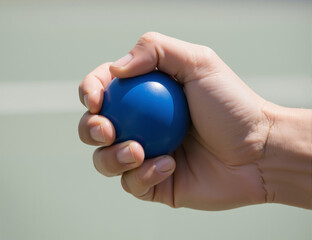 A person holding a blue stress ball in a casual office environment, demonstrating a method to relieve stress during a busy workday while enhancing focus and concentration