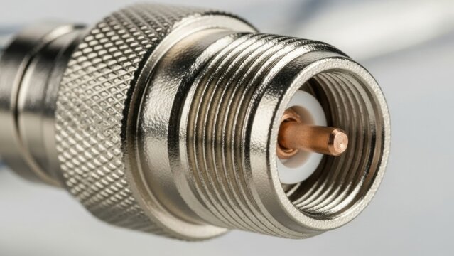 Close-up of a silver coaxial cable connector for radio frequency applications.