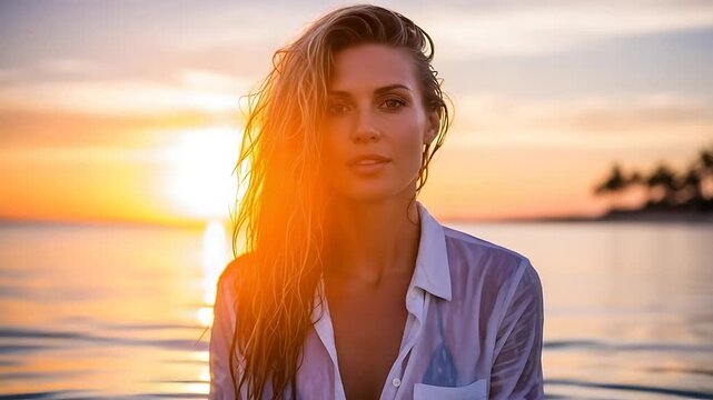 sunset portrait of woman by water with wet hair and white shirt
